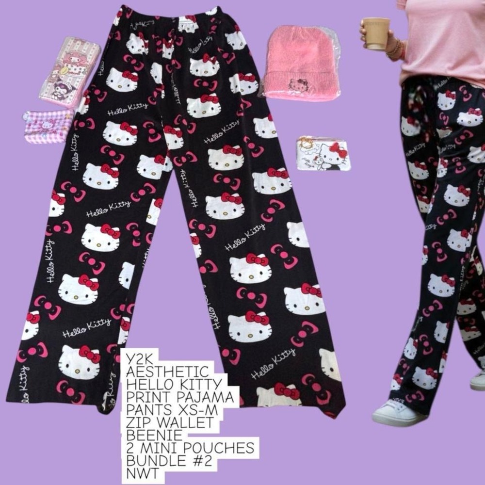 Y2K HELLO KITTY PAJAMA PANTS‎ PINK BEANIE WALLET 2 ZIP POUCHES NWT BUNDLE #2
